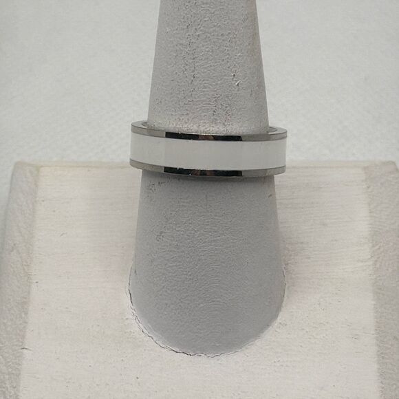 Brand New!!  Size 9 Titanium steel couple ring with white inlay - Picture 1 of 4